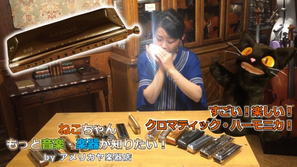 当店YouTubeチャンネル内 人気動画シリーズ「ねこちゃんもっと音楽・楽器が知りたい！004」【すごい！楽しい！クロマティック・ハーモニカ！】